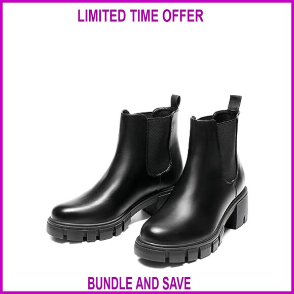 Women's Elastic Chelsea Ankle Boots Platform Low Chunky Block Heel Lug Sole - Picture 3 of 7